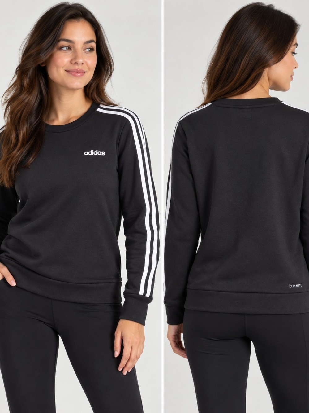 adidas 3-Stripes Black Crewneck Sweatshirt CLIMAlITE Athletic